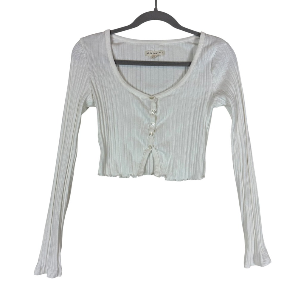 Aeropostale Shirt Juniors Large White Scoop Neck Long Sleeve Ribbed Cropped Top